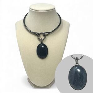 White House Black Market Gunmetal Collar Necklace Dark Blue Sparkle Pendant NWOT